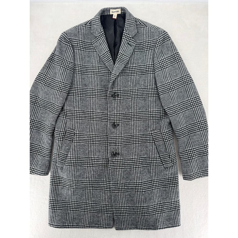 Nordstrom Open Edit Mens Glen Plaid Coat Black White Check Overcoat Large NWOT